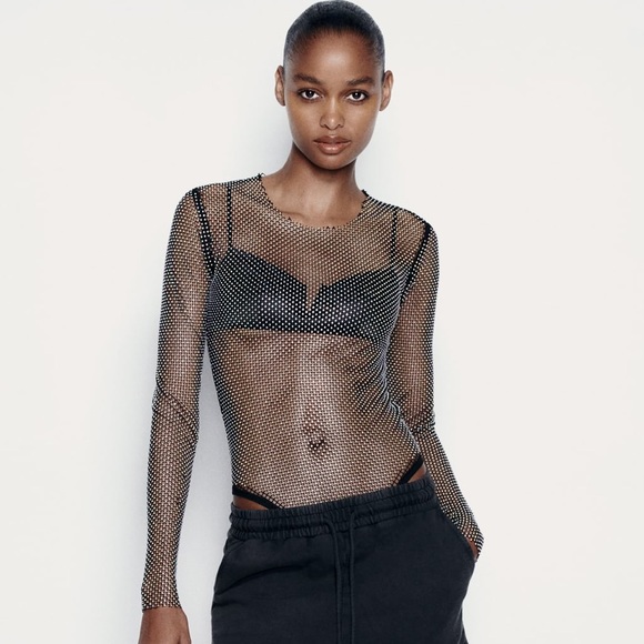 Zara | Tops | Zara Rhinestone Mesh Bodysuit | Poshmark